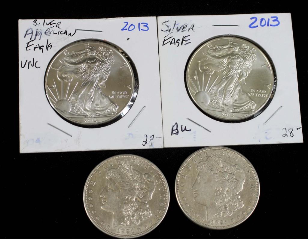 Lot of 4 Silver Coins incl Two 2013 BU American Silver: Lot of 4 Nice Collectible Silver Coins including Two 2013 BU American Silver Eagles and Two 1921-D Morgan Silver Dollars