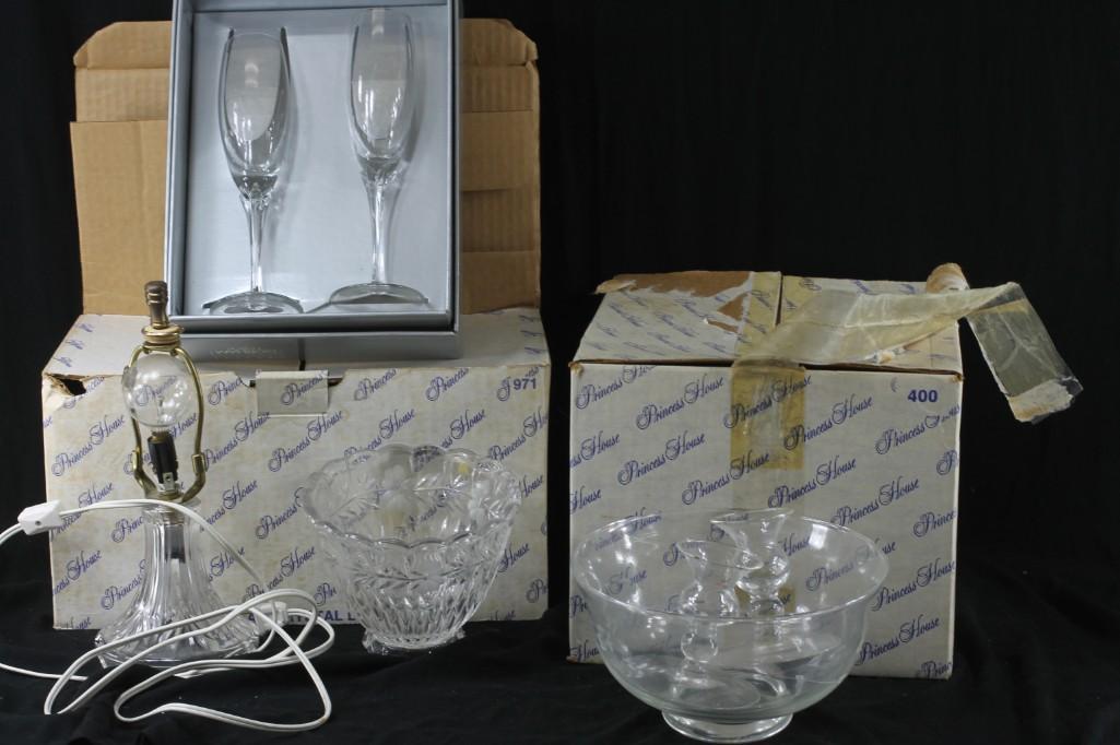 Lot of Princess House Crystal and Gorham Crystal: Lot of Princess House Crystal and Gorham Crystal Stemware in Original Boxes. Includes bowl, candle holders, lamp, etc