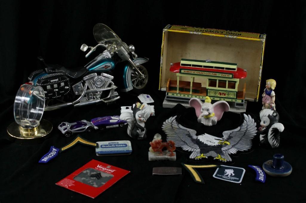 Lot of Smalls incl a Buddy L Harley Davidson Motorcycle: Lot of Smalls incl a Buddy L Harley Davidson Motorcycle , Model Trolley, Patches, Disney, Etc