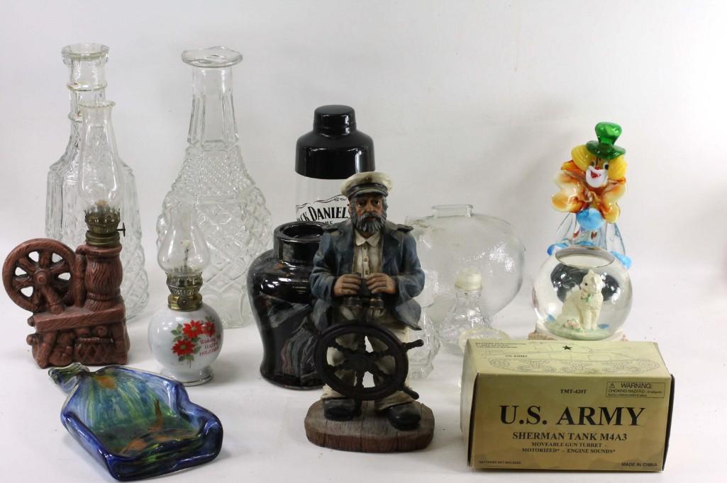 Lot of Vintage Smalls incl Art Glass Clown and a Snow: Lot of Vintage Smalls incl Art Glass Clown, a Jack Daniels cocktail shaker, and a Snow Globe and a Sherman Tank military toy Condition: Art glass clown is missing part of his hand