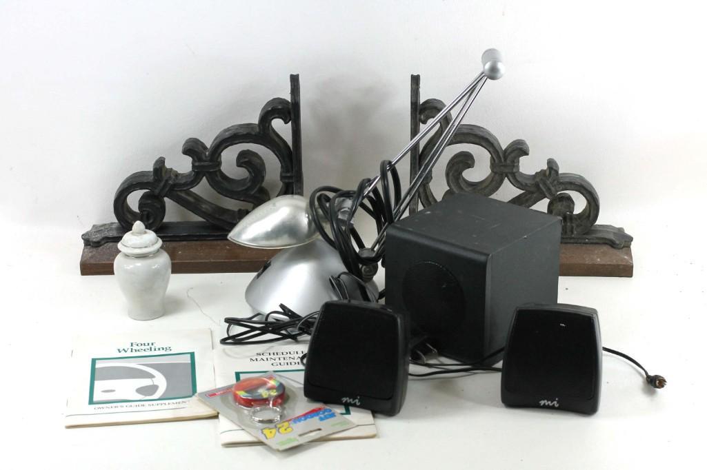 Lot of Misc incl Bookends, Speakers, a Desk Lamp, Etc: Lot of Misc incl Bookends, Speakers, a Desk Lamp, Etc