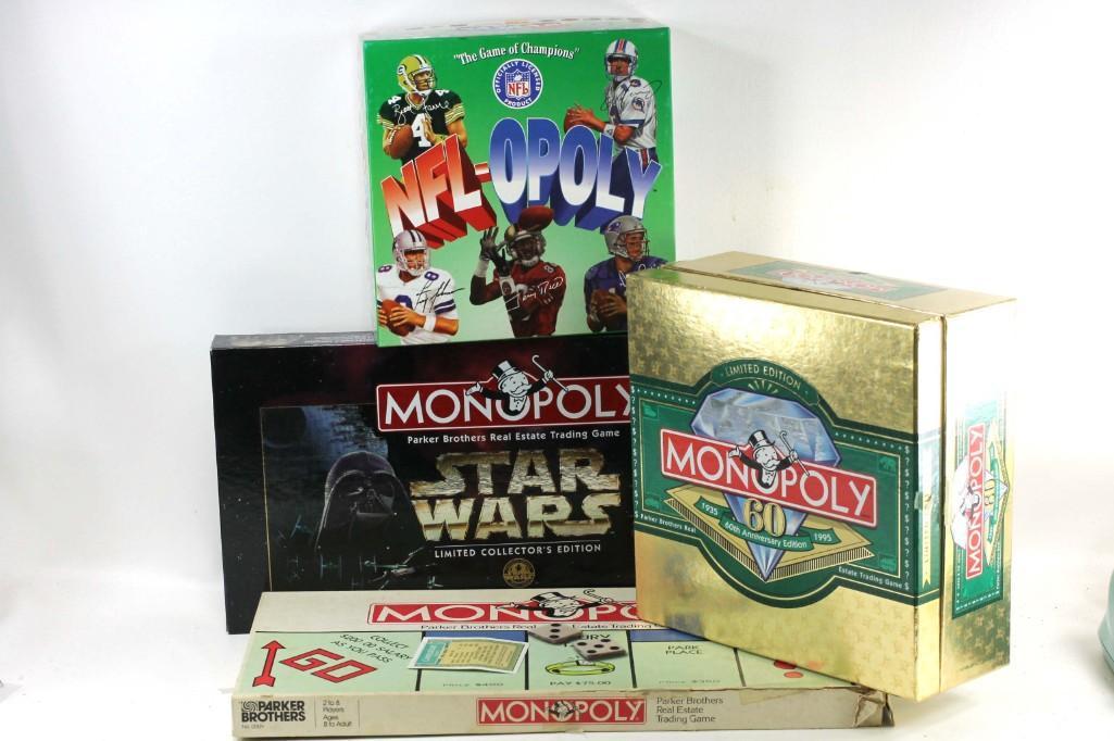 Lot of Board Games: Includes Star Wars Monopoly , NFL-Opoly , Limited Edition Monopoly , and a regular Monopoly Condition: We have not checked to see if these are complete