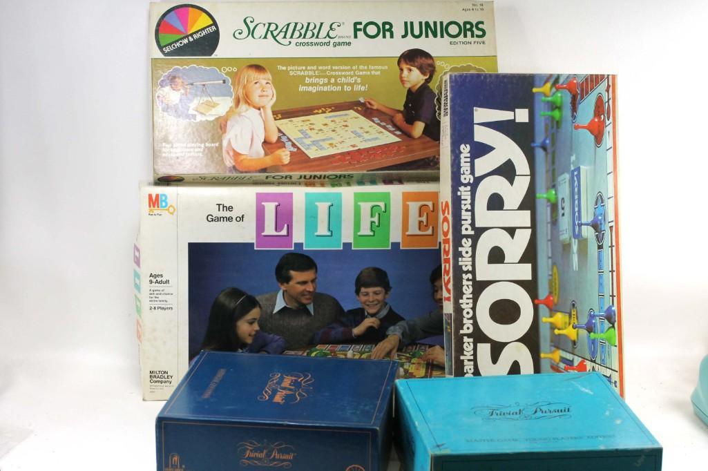 Lot of Board Games: Lot of board games including Sorry, Trivial Pursuit, Life, Scrabble for Juniors Condition: We have not checked to see if these are complete