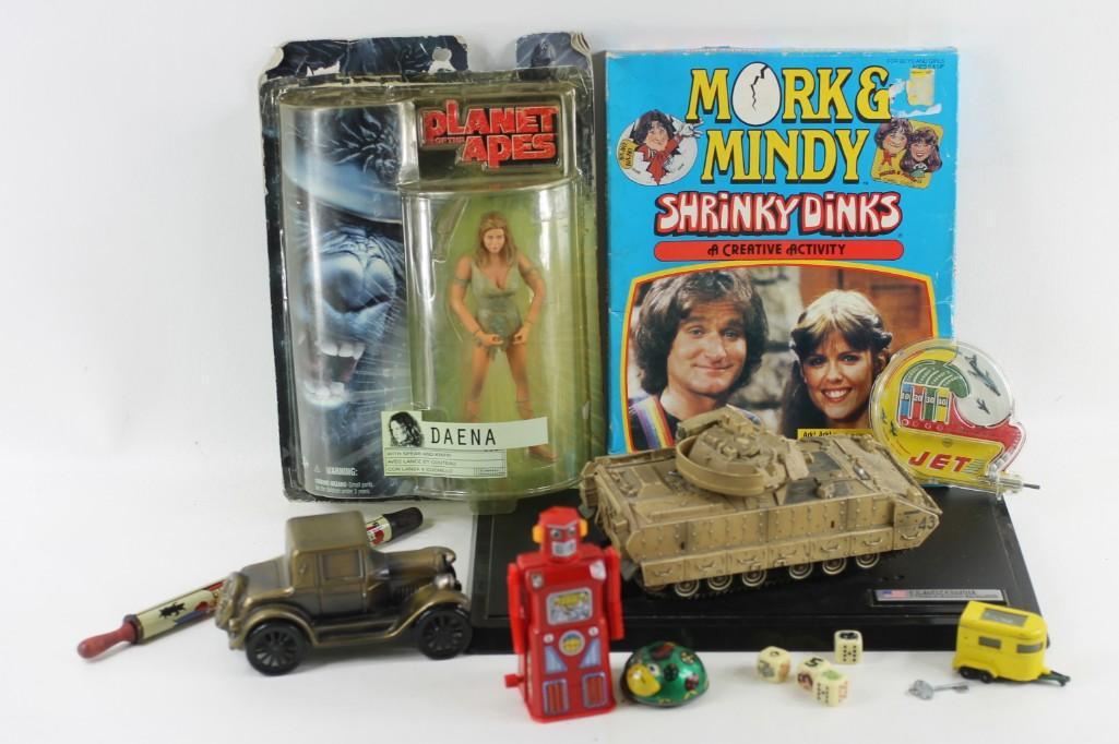 Vintage Toy Lot incl Mork & Mindy Shrinky Dinks, Planet: Vintage Toy Lot incl Mork & Mindy Shrinky Dinks, Planet of the Apes Daena Action Figure, Tin Bug, Military Tank Toy, etc