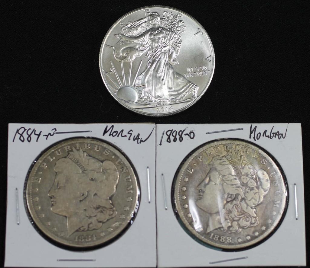 Lot of 3 Coins incl 1884-P Morgan Dollar, 1888-O Morgan (1 of 2)