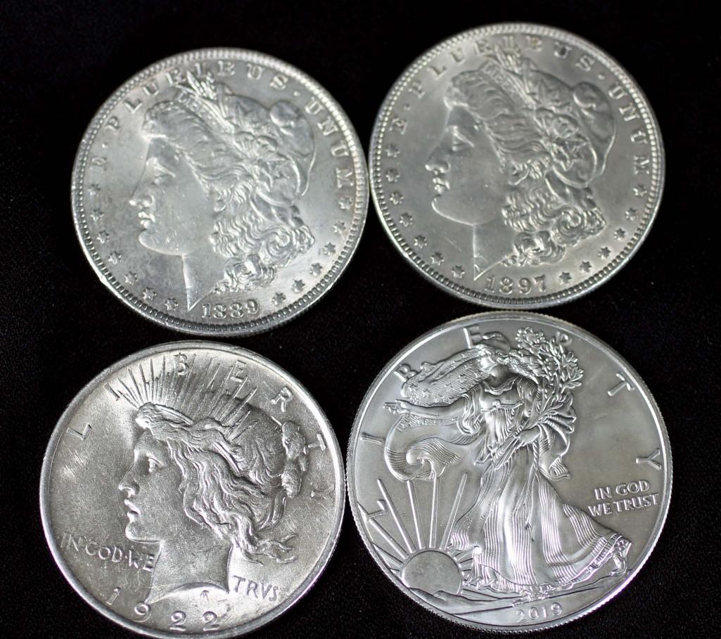 Lot of 4 Silver Dollars incl 1897-P Morgan Dollar, (1 of 2)
