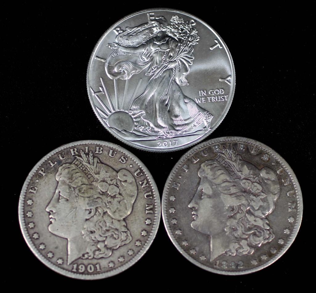 Lot of 3 Silver Coins incl 1901-O Morgan Dollar, 1892-O (1 of 2)
