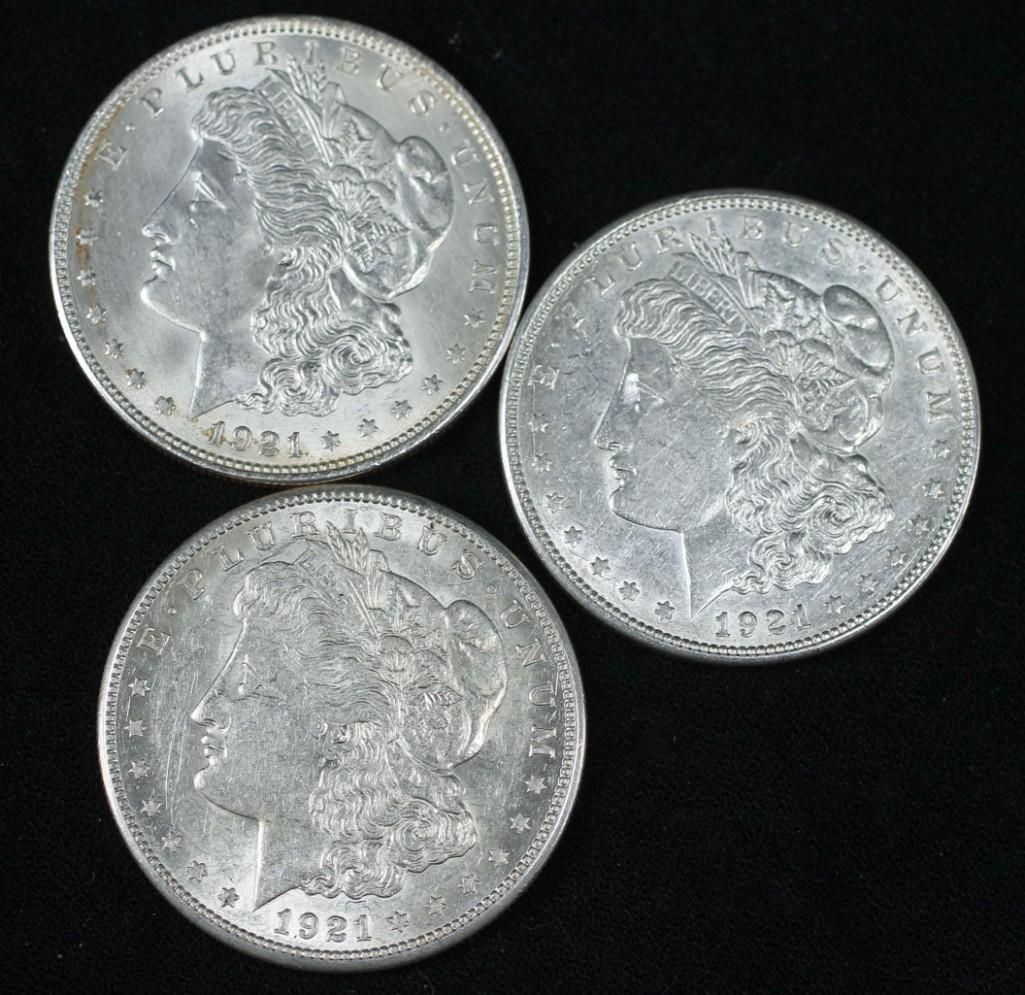 Lot of 3 AU Morgan Silver Dollars incl 1921-P , 1921-D (1 of 2)