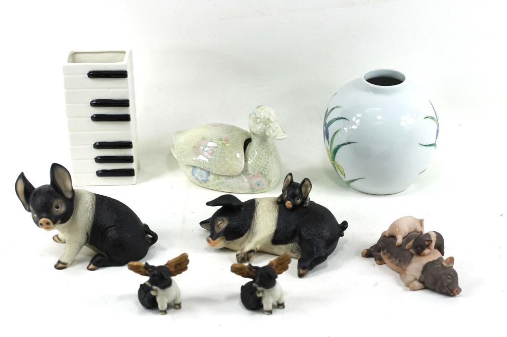 Lot of Collectible Smalls incl Pig Figurines , a Piano: Lot of Collectible Smalls incl Pig Figurines , a Piano Vase , a Fitz and Floyd Duck , etc