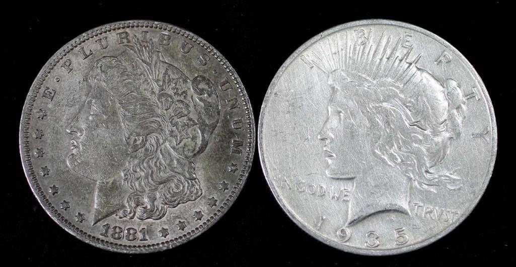 Lot of 2 Coins incl 1881 Morgan Dollar and 1935-S Peace (1 of 2)