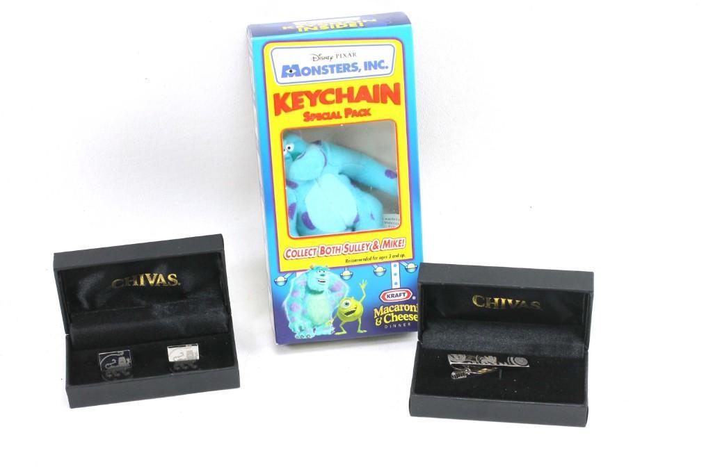 Chivas Advertising Cuff Links, Tie Clip, Monster's Inc.: Chivas Advertising Cuff Links, Tie Clip, Monster's Inc. Keychain