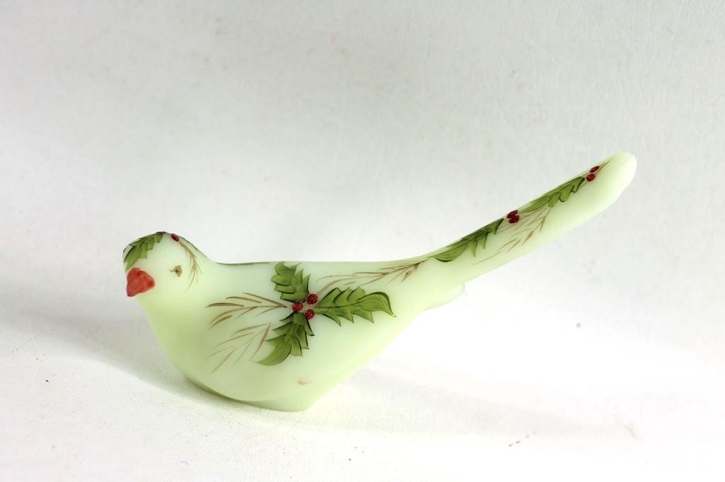 Hand Painted Fenton Custard Glass Bird Signed Nancy (1 of 3)