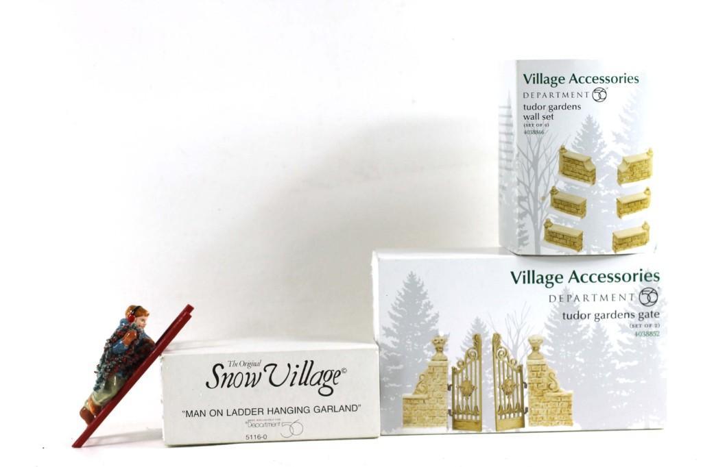 Department 56 Village Accessories in Original Boxes: Lot of 3 Dept 56 Village Accessories including Man on Ladder Hanging Garland , Tudor Gardens Gate , and Tudor Gardens Wall Set
