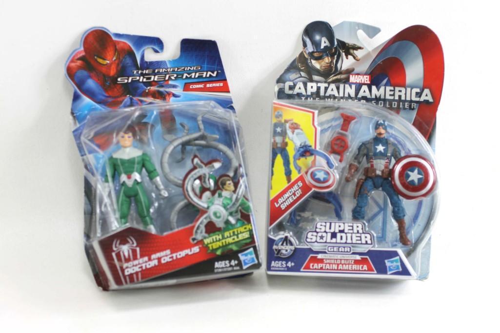 Hasbro Spider Man Doctor Octopus and Captain America: Hasbro Spider Man Doctor Octopus and Captain America Super Soldier Action Figures Condition: New in packages but packages have some damage as shown in the pictures