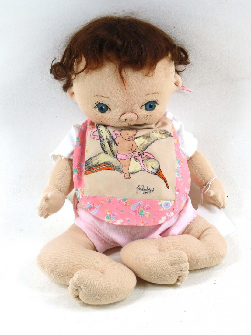 Jan Shackelford Doll 2007 One of a Kind Freckled Face w: Jan Shackelford Doll 2007 OOAK Freckled Face w Pink Bib Approx 16" . Back reads " Mother's Day 2007 Maggie "