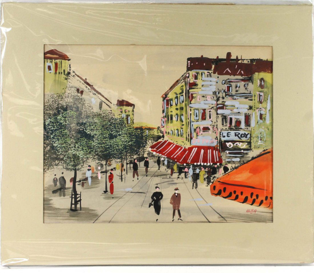 Paris Street Scene Signed Original Watercolor and Gouac (1 of 4)