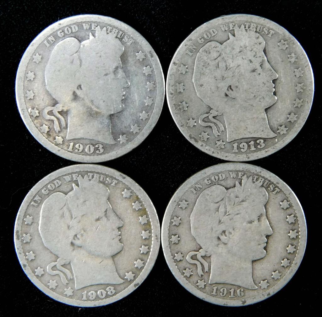 Lot of 4 Barber Quarters incl 1903 , 1908 , 1913 , 1916 (1 of 2)
