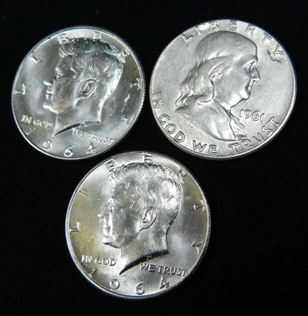 Lot of 3 Half Dollars incl Two 1964 Kennedy Half (1 of 2)