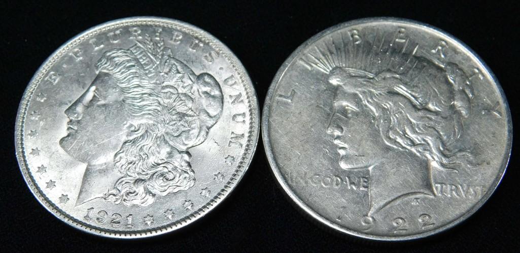 1921-P Morgan Dollar and a 1922-D Peace Dollar (1 of 2)