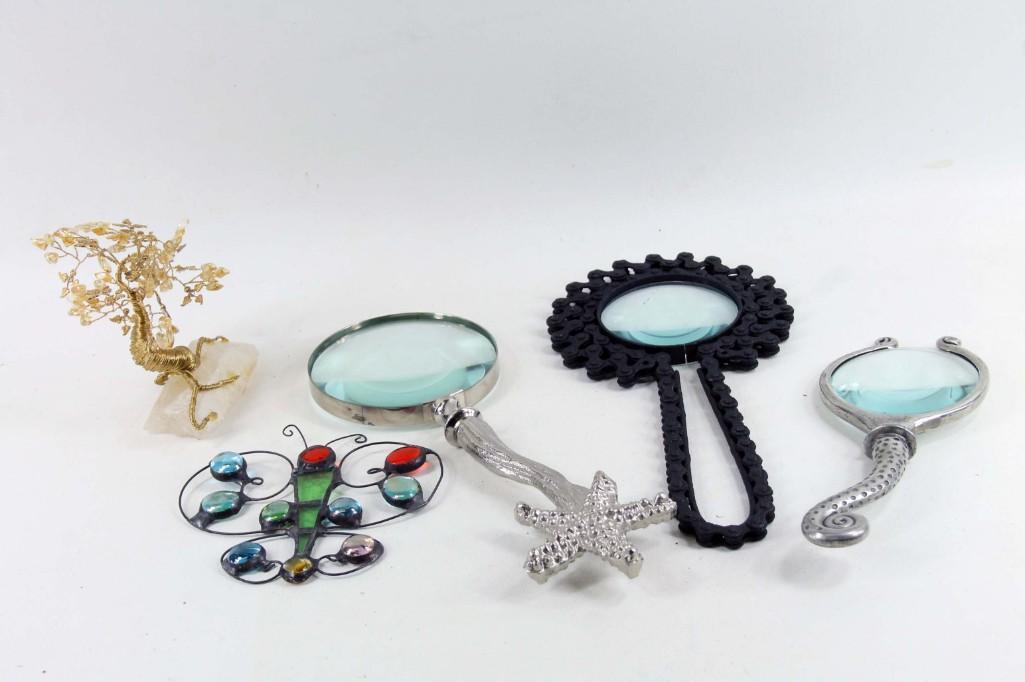 Lot of Art Magnifying Glasses, Butterfly and Wire Tree: Lot of Art Magnifying Glasses, Butterfly and Wire Tree Starfish, Chainlink, and Tentacle Magnifying Glasses,