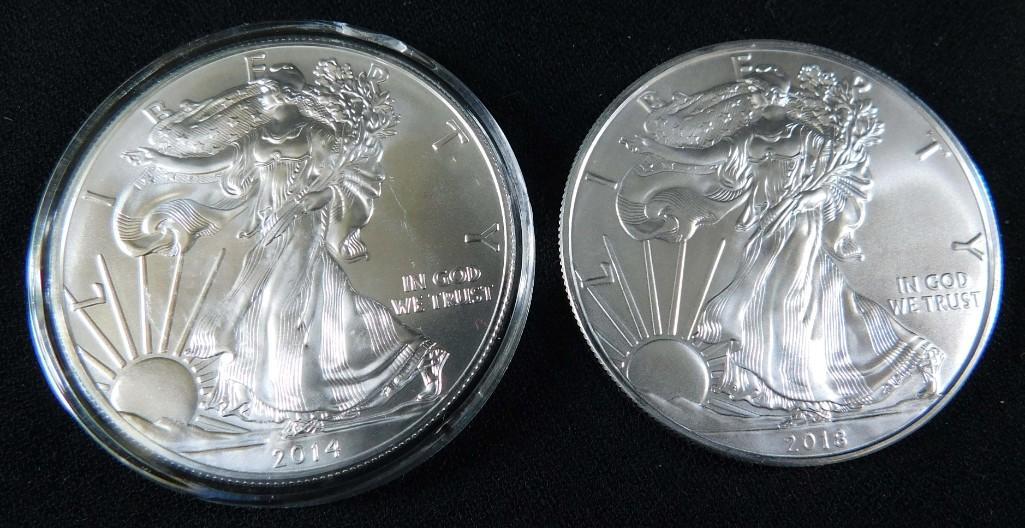 Lot of 2 BU American Silver Eagle Coins incl 2014 and (1 of 2)