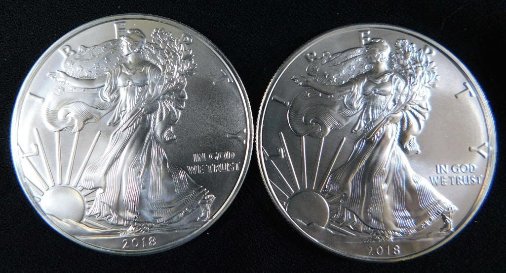 Lot of 2 BU 2018 American Silver Eagle Coins (1 of 2)