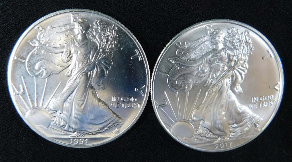 Lot of 2 American Silver Eagle Coins incl 1991 and 2017 (1 of 2)