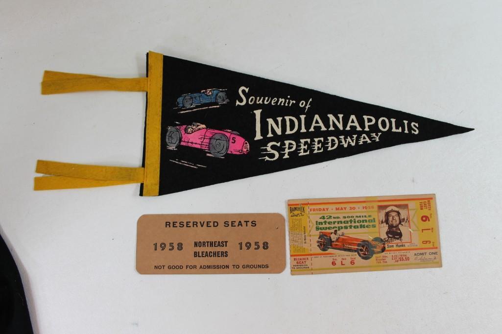 1958 Indy Indianapolis 500 Tickets and Pennant Souvenir: 1958 Indy Indianapolis 500 Tickets and Pennant Souvenir Two tickets and and Souvenir Pennant for the Indy 500. Unfortunately they won't get you into the 2020 Indy 500 as they were only good for the 19