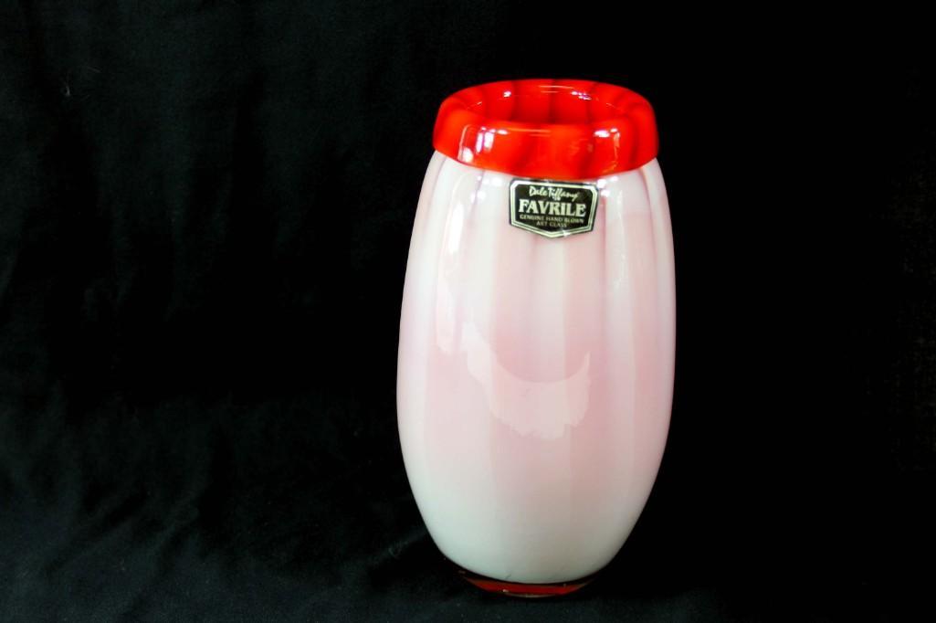 Dale Tiffany Favrile Hand Blown Art Glass Vase Red Trim: Dale Tiffany Favrile Hand Blown Art Glass Vase Red Trim White Striped 8" with original foil label