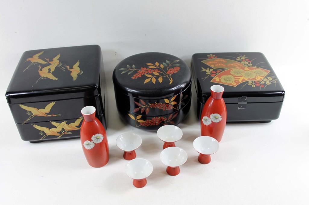 Noritake Sake Set and a Set of Boxes with an Asian: Noritake Sake Set and a Set of Boxes with an Asian Design