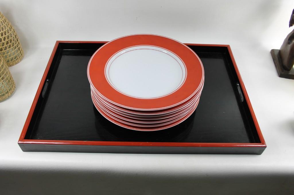 Nice set of plates and wooden serving tray: Nice set of plates and wooden serving tray. Fitz and Floyd 1975
