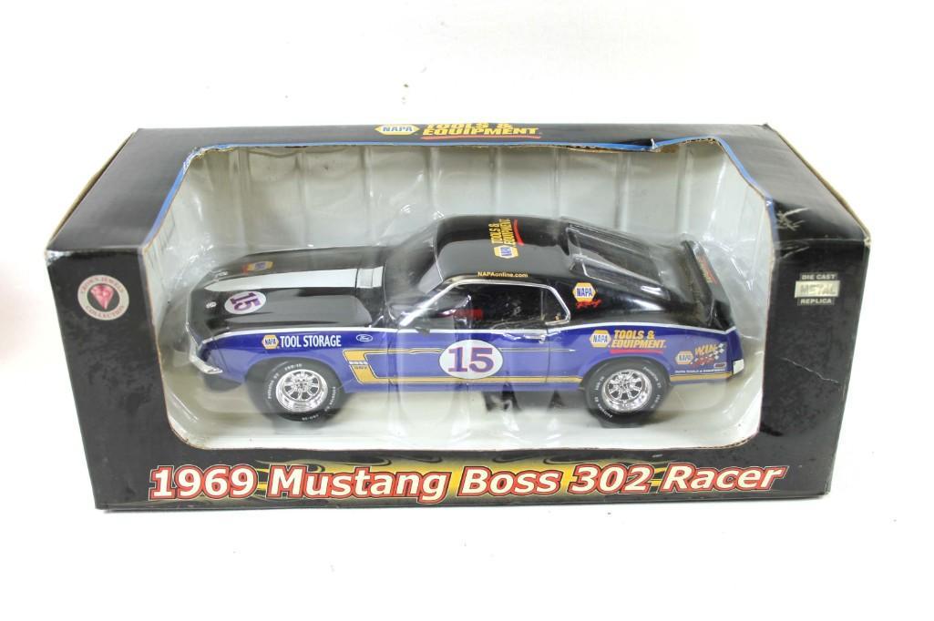 1969 Mustang Boss 302 Racer Dicast Metal Replica: 1969 Mustang Boss 302 Racer Dicast Metal Replica. Has Napa Autoparts advertising all over.#15. 1:24 scale