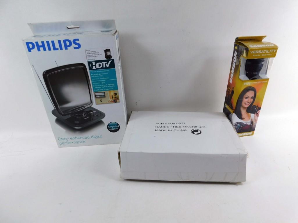 Karaoke Microphone, HDTV antenna and a Hands Free: Karaoke Microphone, HDTV antenna and a Hands Free Magnifier You put the magnifier on your head and your hands are free to dig for diamonds, disarm time bombs, or whatever it is you need to do.