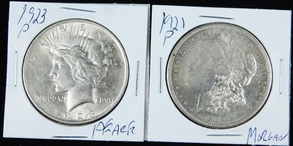 1921-P Morgan Silver Dollar and 1923-P Silver Peace (1 of 2)