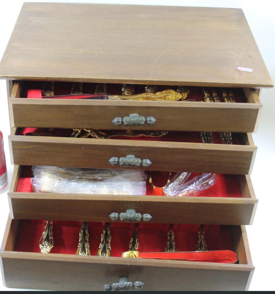 109 Pieces of Gold Plated Flatware in a 4 Drawer Wooden (1 of 6)