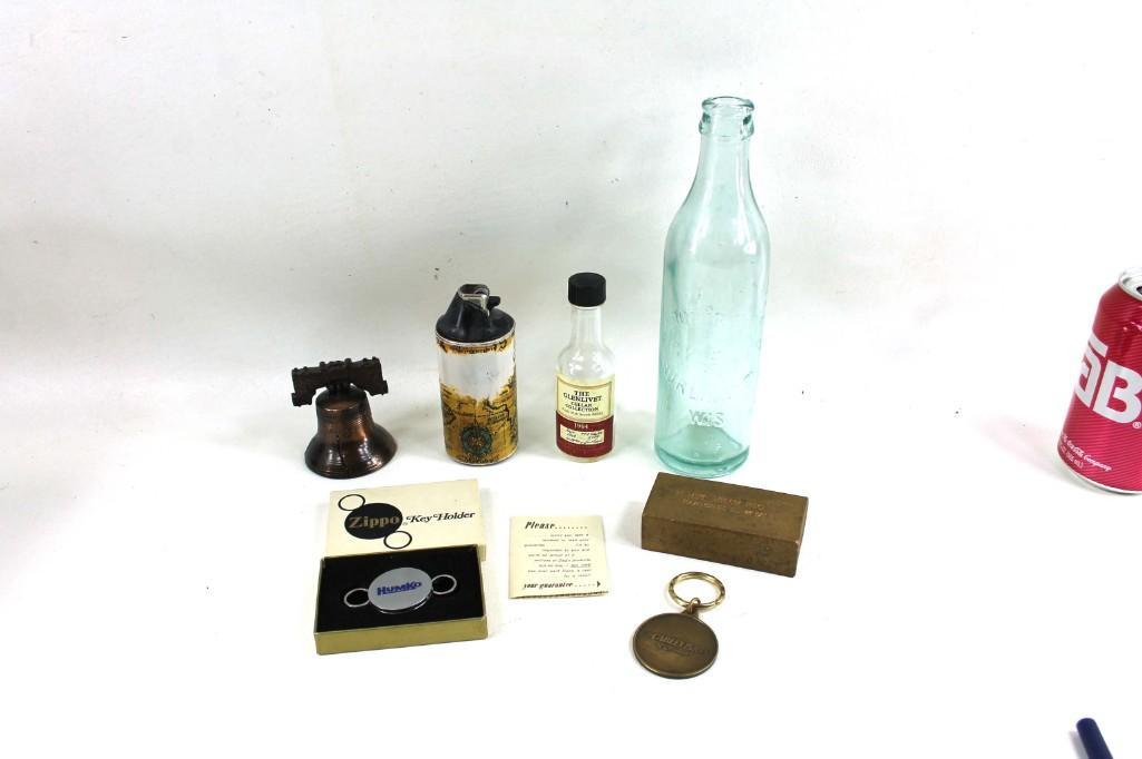 Misc Lot including vintage bottles, Zippo key holder (1 of 3)