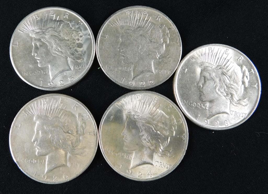 Set of 5 Silver Peace Dollars incl 1922-D , 1923-P , (1 of 2)