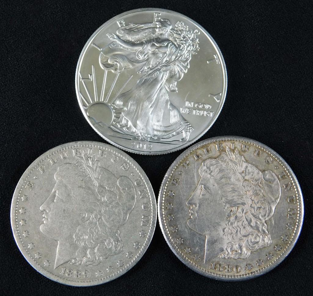 Lot of 3 Silver coins incl 1880-S Morgan Dollar , (1 of 2)