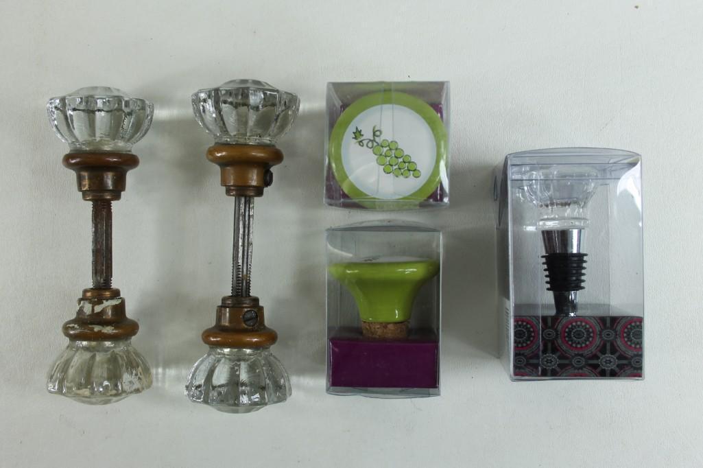 Pair of old Glass Door Knobs and Wine Toppers: Pair of old Glass Door Knobs and a bunch of Bottle / Wine Toppers