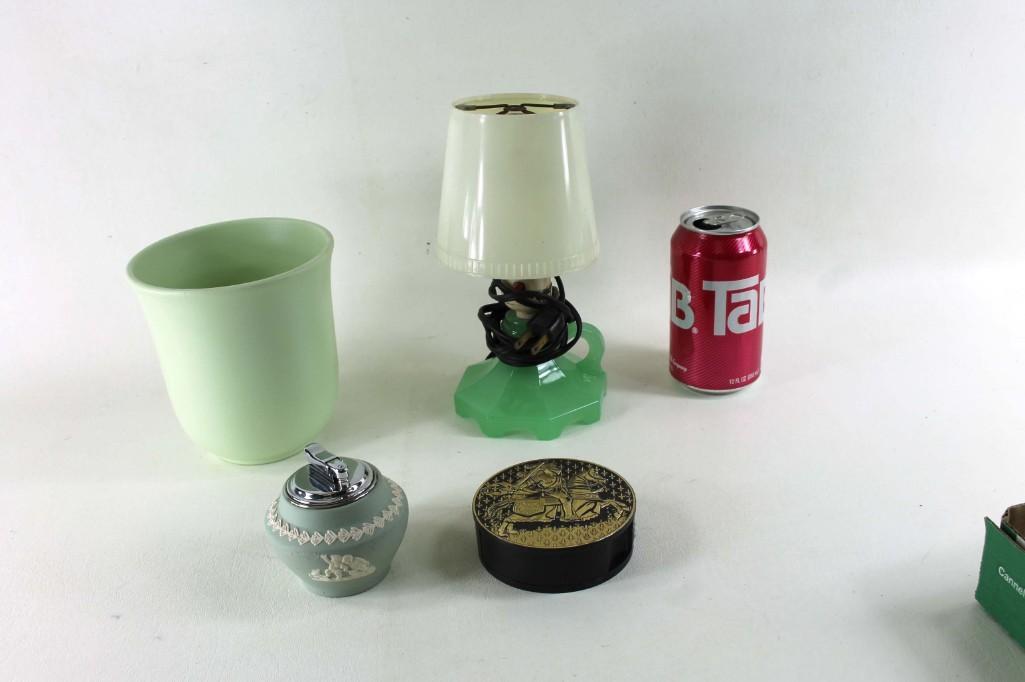 Lot of Vintage Smalls incl Jadeite Glass Lamp and: Lot of Vintage Smalls incl Jadeite Glass Lamp with a Plastic Shade and Colibri Jasperware Table Lighter