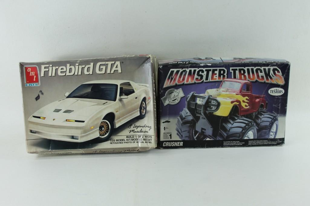Lot of 2 Model Cars Firebird GTA and Monster Trucks: Lot of 2 Model Cars Firebird GTA and Monster Trucks Crusher AMT Ertl and Testors - Metal Body