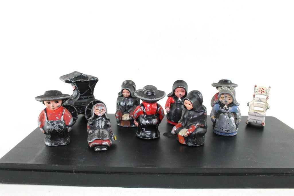 Set of 10 Antique Cast Iron Amish Salt & Pepper Shakers: Set of 10 Antique Cast Iron Amish / Mennonite Salt and Pepper Shaker Figurines etc. Includes 8 figurines, a buggy and a rocking chair