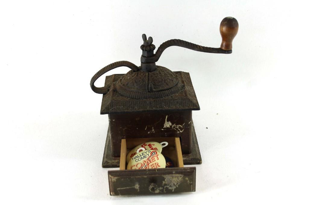 Vintage Coffee Grinder with Some Vintage Buttons in the: Vintage Coffee Grinder with Some Vintage Buttons in the Drawer