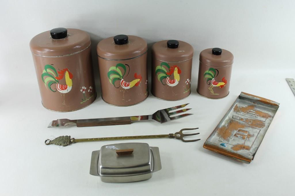 Set of Baking Canisters, and other Kitchen utensils,: Set of Baking Canisters, and other Kitchen utensils, etc. The Chickens are hand painted Ransburg from Indianapolis