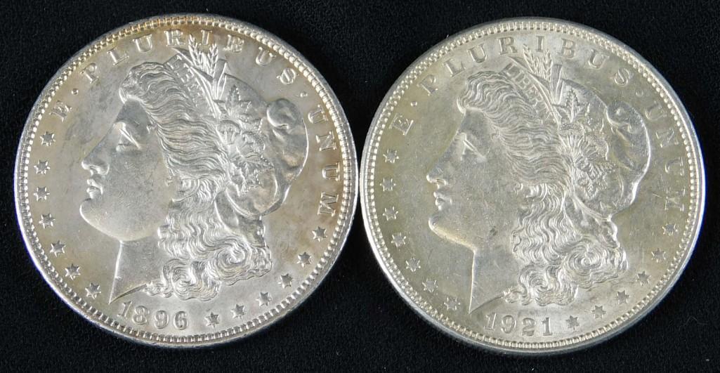 1896-P Morgan Dollar and a 1921-P Morgan Dollar: Lot of 2 Morgan Silver Dollars including an 1896 P Morgan Silver Dollar and a 1921 P Morgan Silver Dollar . Special sale