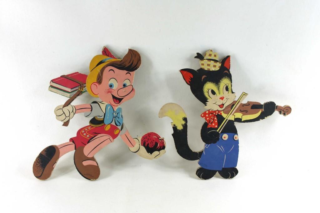 Walt Disney Fairytale Pin Up Pinocchio and a Cat: Vintage Fiberboard or Masonite Toy Cut Outs Walt Disney Fairytale Pin Up Pinocchio and a Hey Diddle Diddle Cat with a Fiddle