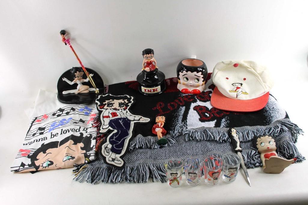 Lot of Betty Boop Collectibles incl Mug, Cap , Pen: Lot of Betty Boop Collectibles incl Mug, Cap , Pen Holder , Shot Glasses , Blanket , etc