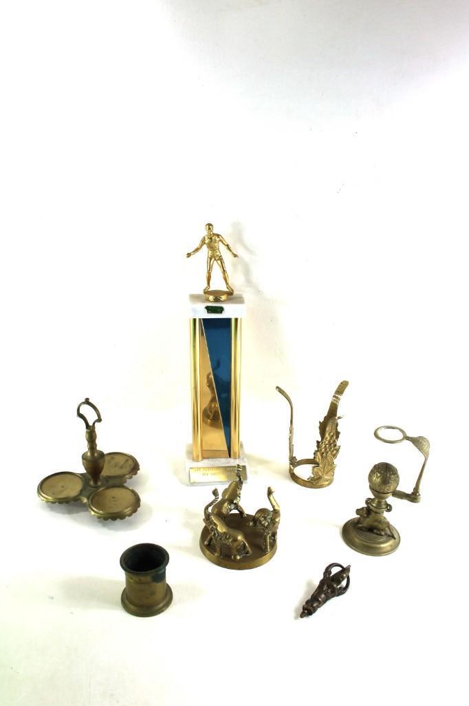 Lot of Miniature Vintage Brass Items and a Trophy: Lot of Miniature Vintage Brass Items and a Trophy