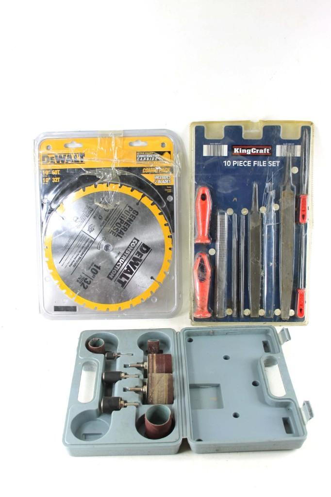 Lot of Tools incl File Set, 10" Saw Blade , Delta: Lot of Tools incl File Set, 10" Saw Blade , Delta Sanding Drum Kit
