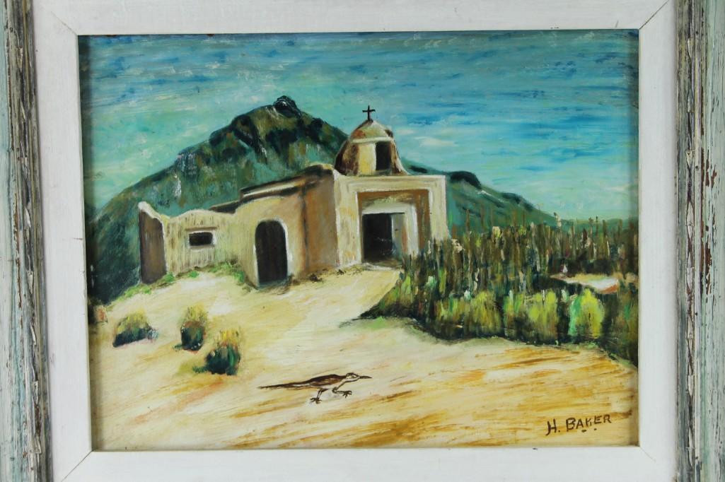 Framed art 1953 By H. Baker Church in the desert /: Framed art 1953 By H. Baker Church in the desert / Southwest Roughly 22" Long including the frame